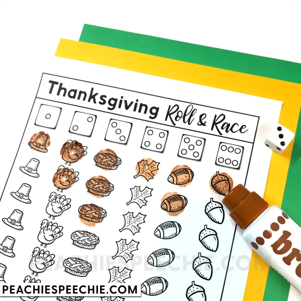 Thanksgiving Roll and Race - Open Ended Dice Game - Materials - peachiespeechie.com