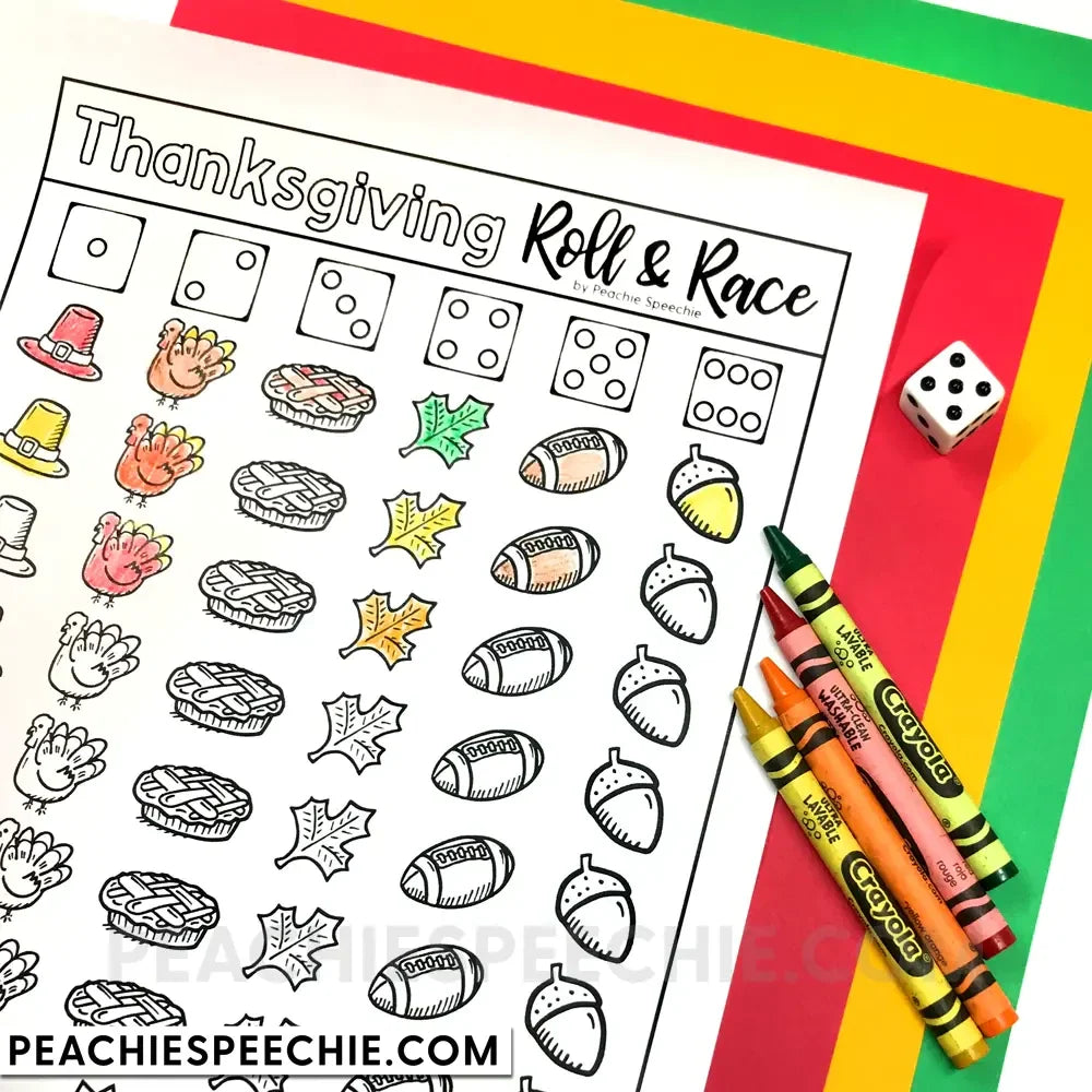 Thanksgiving Roll and Race - Open Ended Dice Game - Materials - peachiespeechie.com