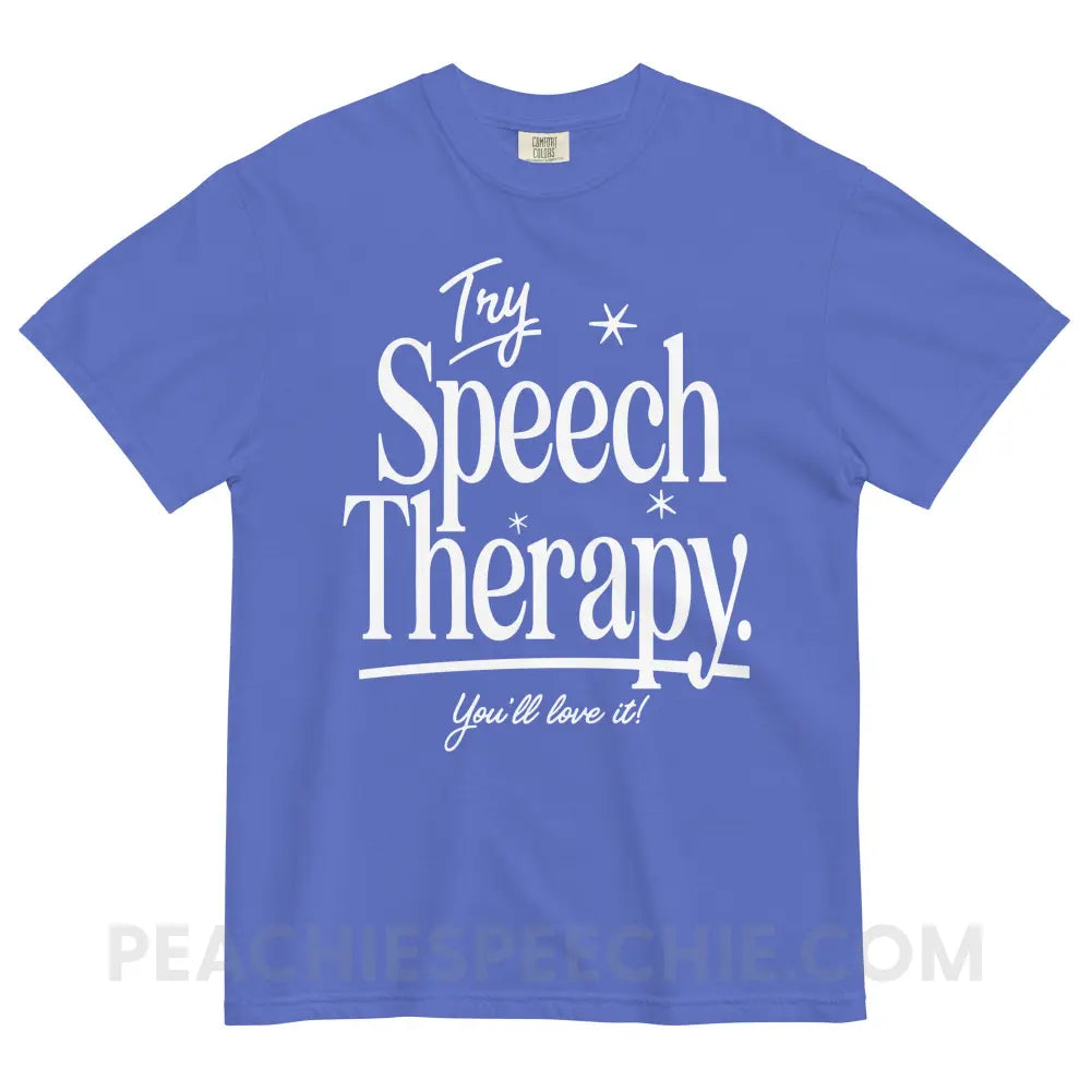 Try Speech Therapy Comfort Colors Tee - Flo Blue / S - peachiespeechie.com