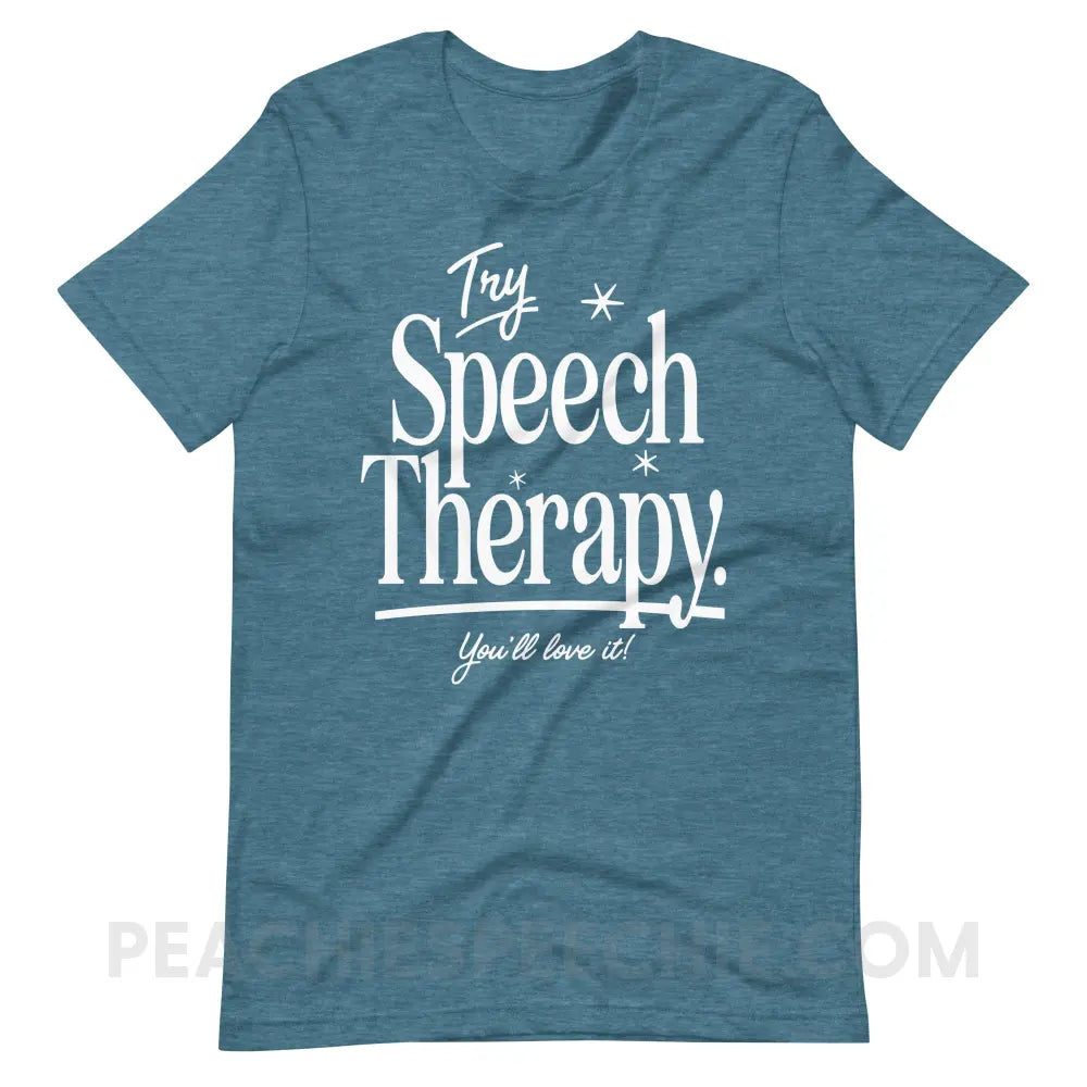 Try Speech Therapy Premium Soft Tee - Heather Deep Teal / S - peachiespeechie.com