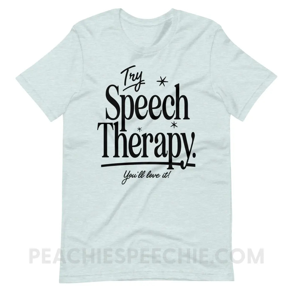 Try Speech Therapy Premium Soft Tee - Heather Prism Ice Blue / S - peachiespeechie.com