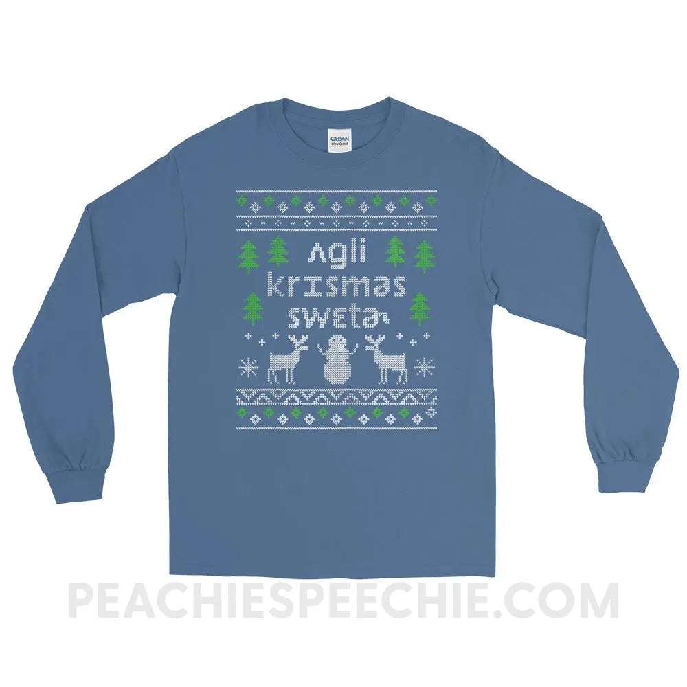 Ugly Christmas Sweater Long Sleeve Tee - Indigo Blue / S - T-Shirts & Tops peachiespeechie.com