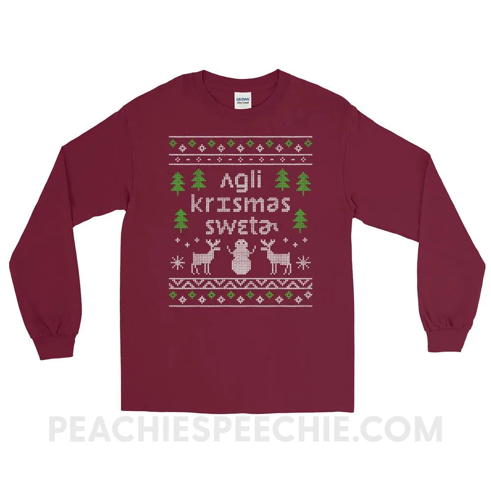 Ugly Christmas Sweater Long Sleeve Tee - Maroon / S - T-Shirts & Tops peachiespeechie.com