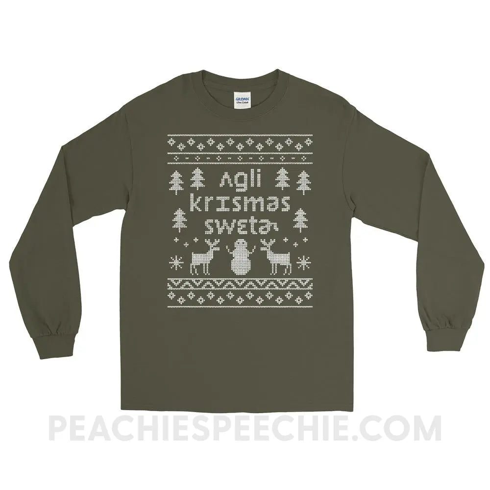 Ugly Christmas Sweater Long Sleeve Tee - Military Green / S - T-Shirts & Tops peachiespeechie.com