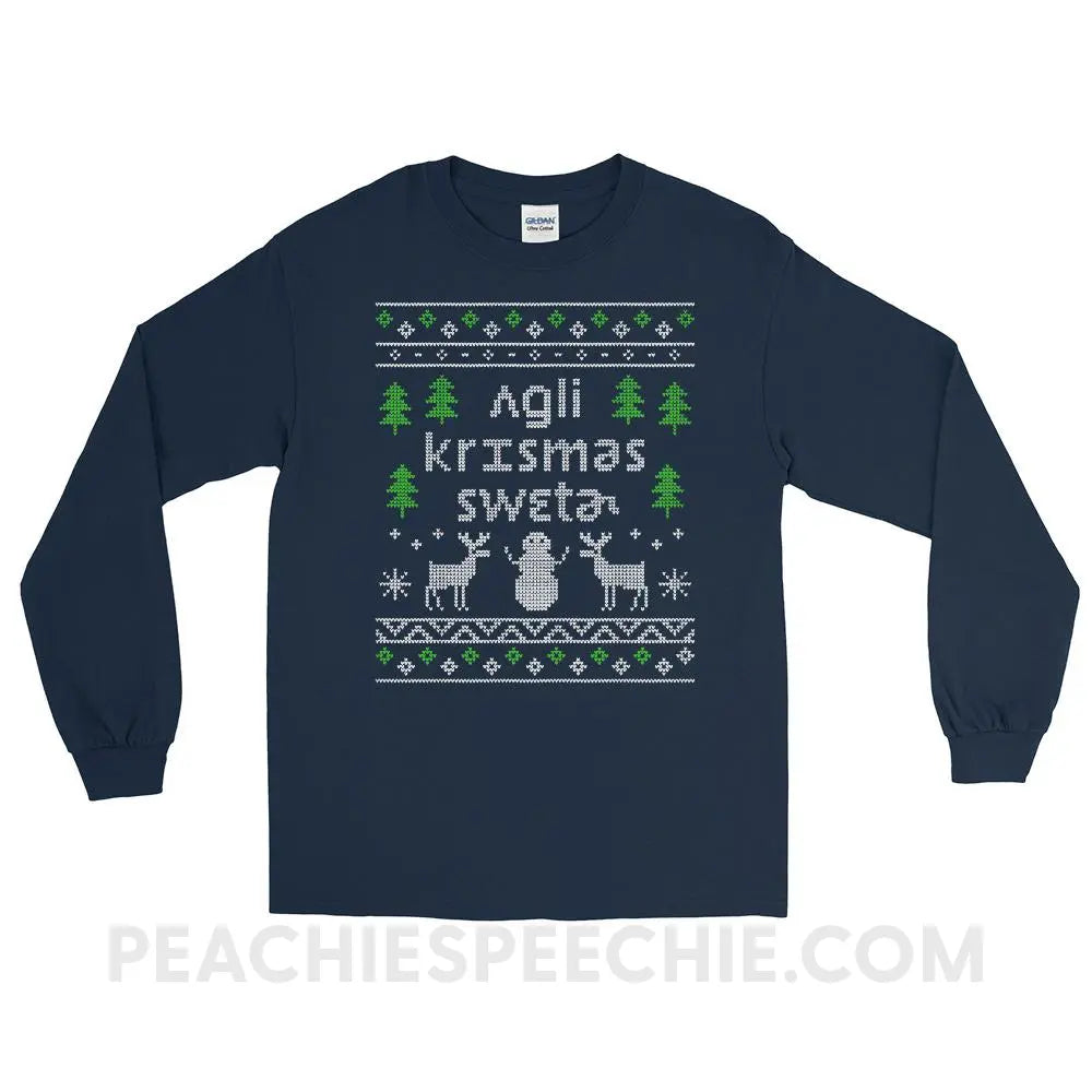 Ugly Christmas Sweater Long Sleeve Tee - Navy / S - T-Shirts & Tops peachiespeechie.com