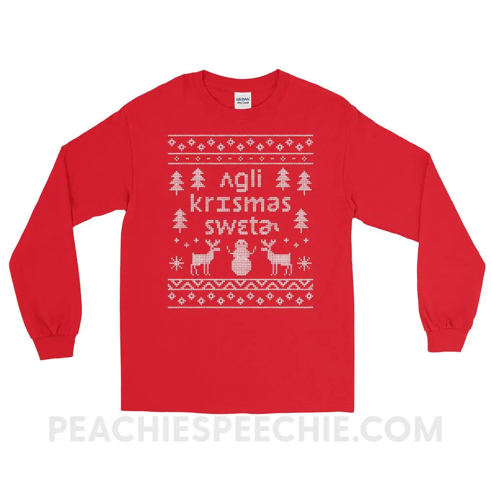 Ugly Christmas Sweater Long Sleeve Tee - Red / S - T-Shirts & Tops peachiespeechie.com