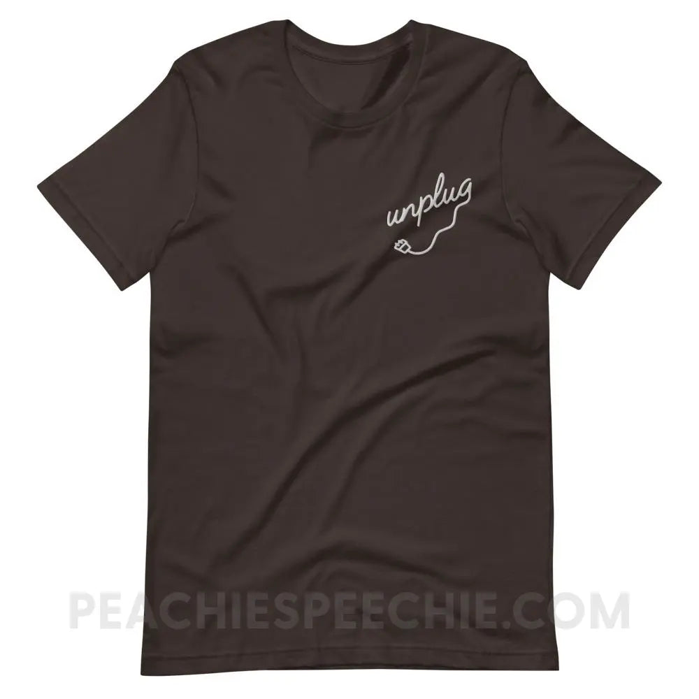Unplug Embroidered Premium Soft Tee - Brown / S - T-Shirts & Tops peachiespeechie.com