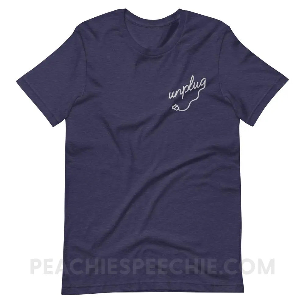 Unplug Embroidered Premium Soft Tee - Heather Midnight Navy / XS - T-Shirts & Tops peachiespeechie.com