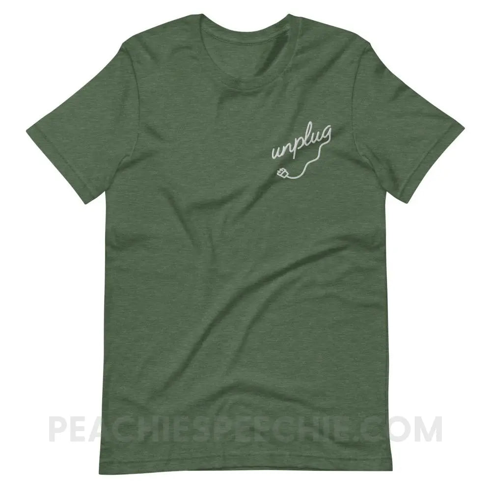 Unplug Embroidered Premium Soft Tee - Heather Forest / S - T-Shirts & Tops peachiespeechie.com