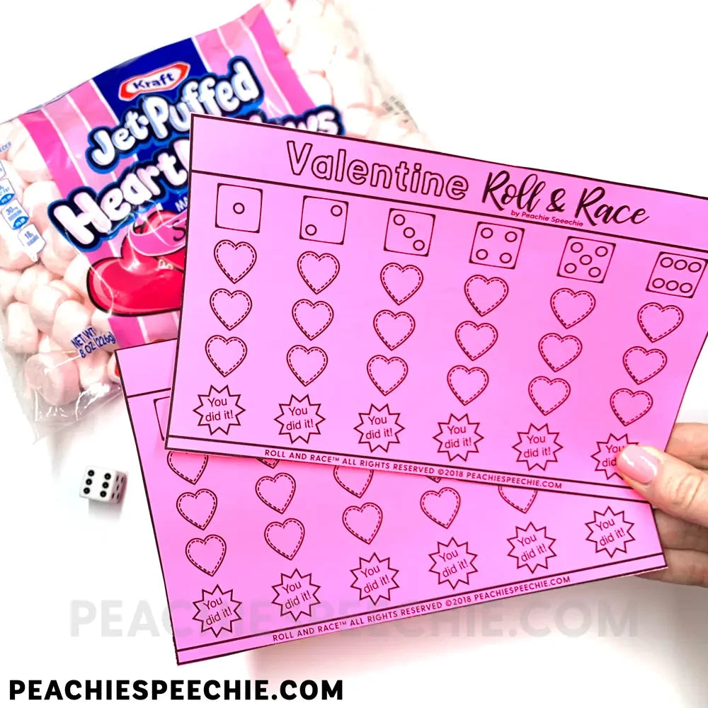 Valentine Roll and Race - Open Ended Dice Game - Materials - peachiespeechie.com