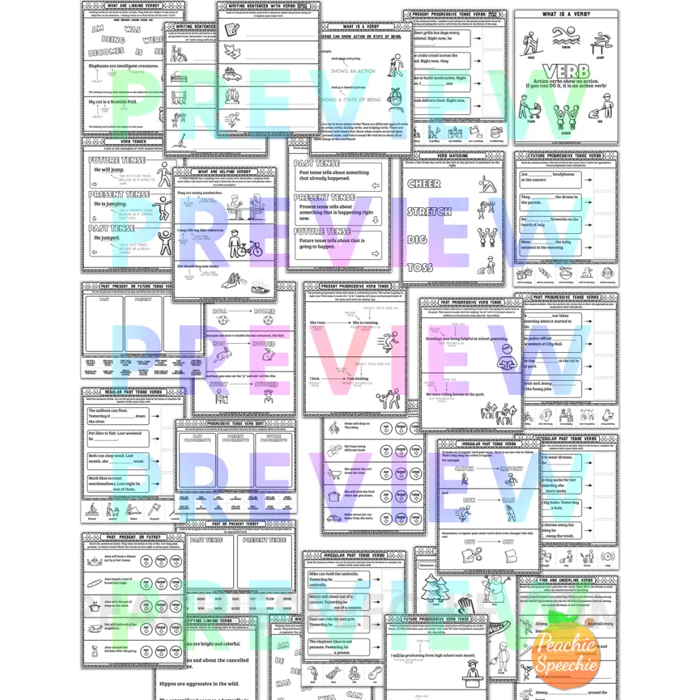 I Can Use Verbs: No-Prep Workbook - Materials peachiespeechie.com