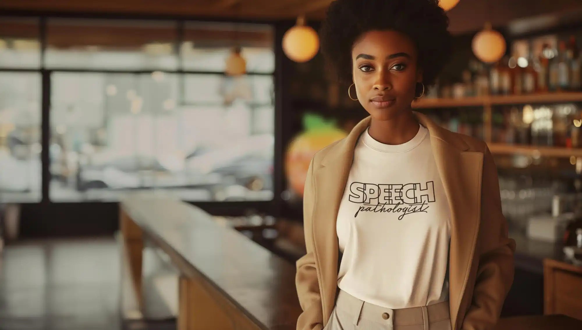 White t-shirt with ’SPEECH’ text worn under a beige blazer.