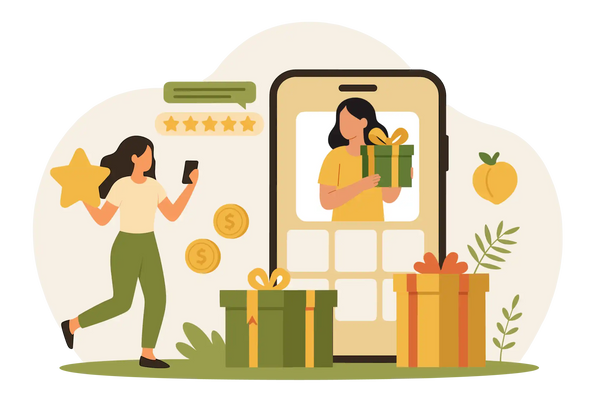 A woman holding a star and phone, with a large smartphone displaying a woman holding a gift, surrounded by gift boxes, coins, and a peach.