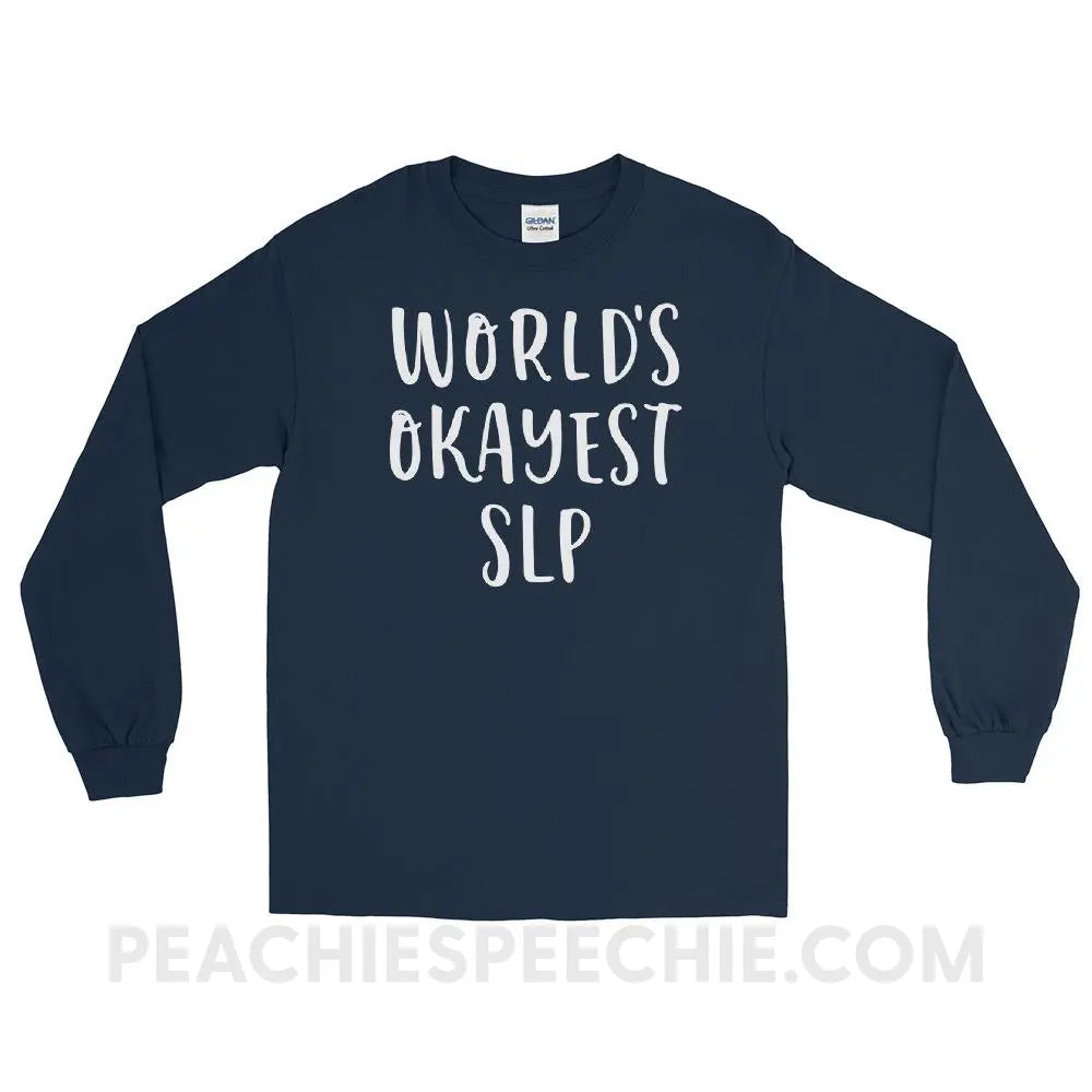 World’s Okayest SLP Long Sleeve Tee - Navy / S T - Shirts & Tops peachiespeechie.com