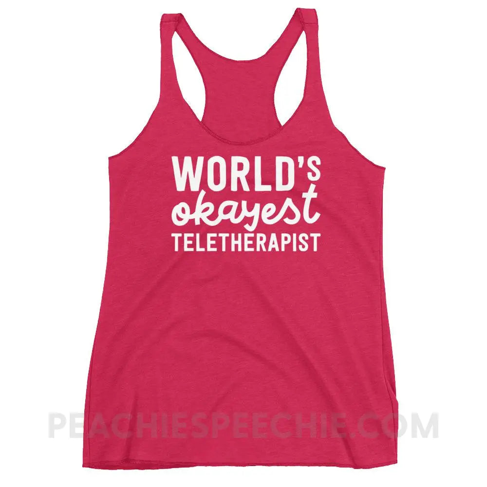 World’s Okayest Teletherapist Tri-Blend Racerback - Vintage Shocking Pink / XS - Tank Tops peachiespeechie.com