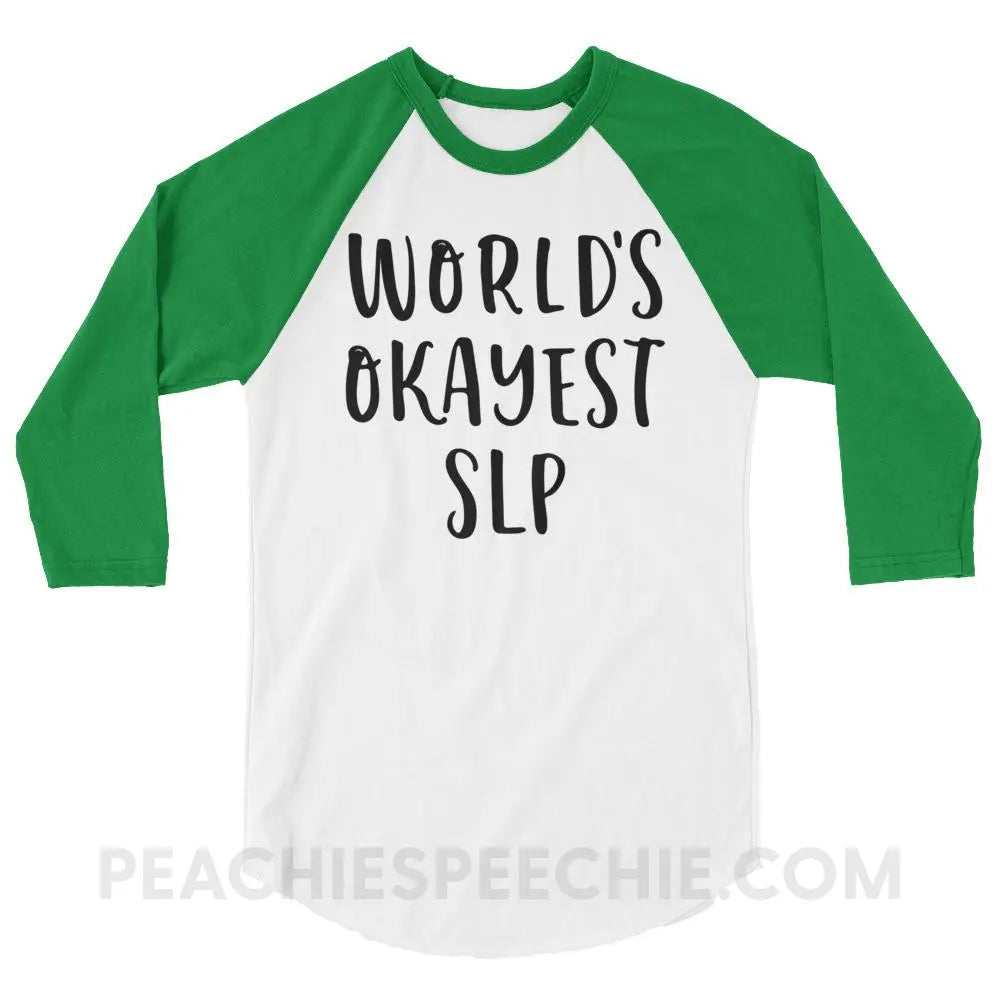World’s Okayest SLP Baseball Tee - White/Kelly / XS - T-Shirts & Tops peachiespeechie.com
