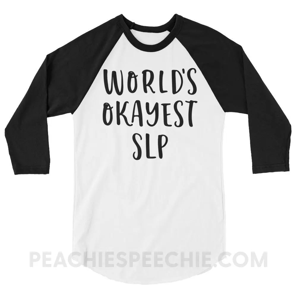 World’s Okayest SLP Baseball Tee - White/Black / XS - T-Shirts & Tops peachiespeechie.com