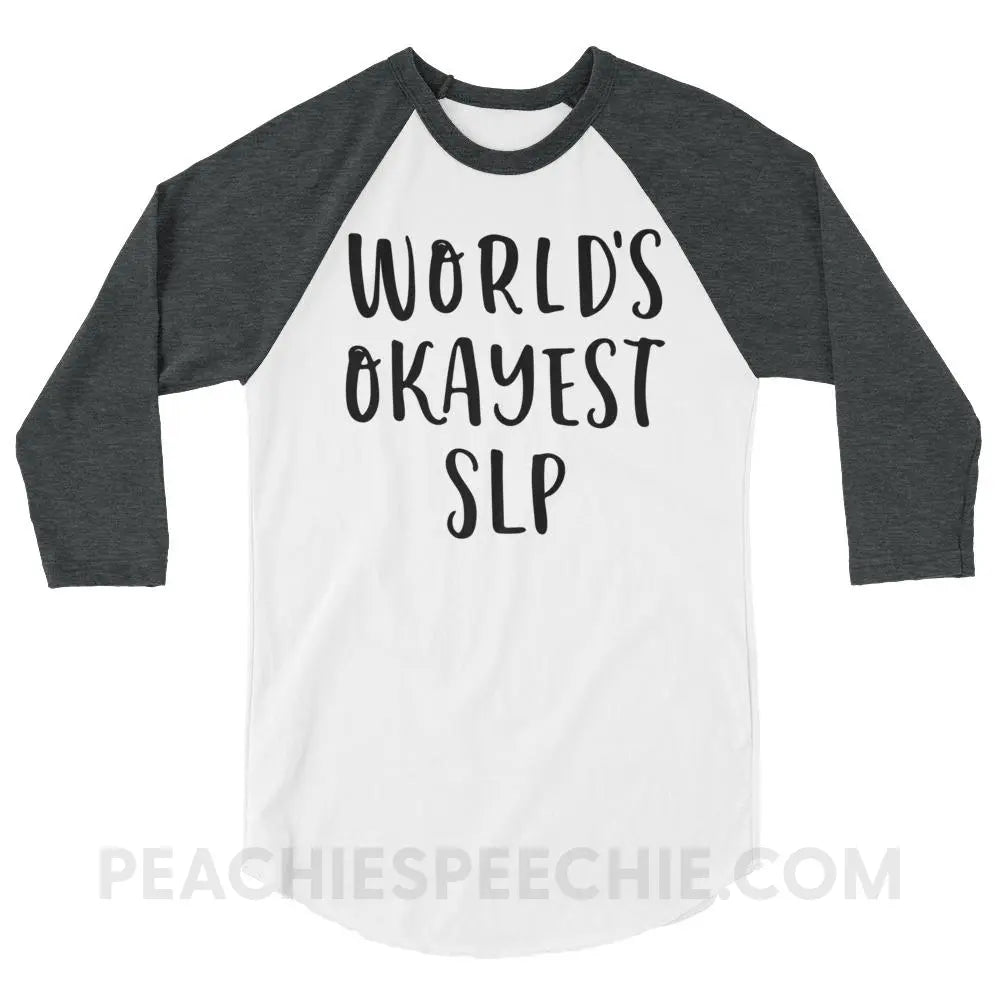 World’s Okayest SLP Baseball Tee - White/Heather Charcoal / XS - T-Shirts & Tops peachiespeechie.com