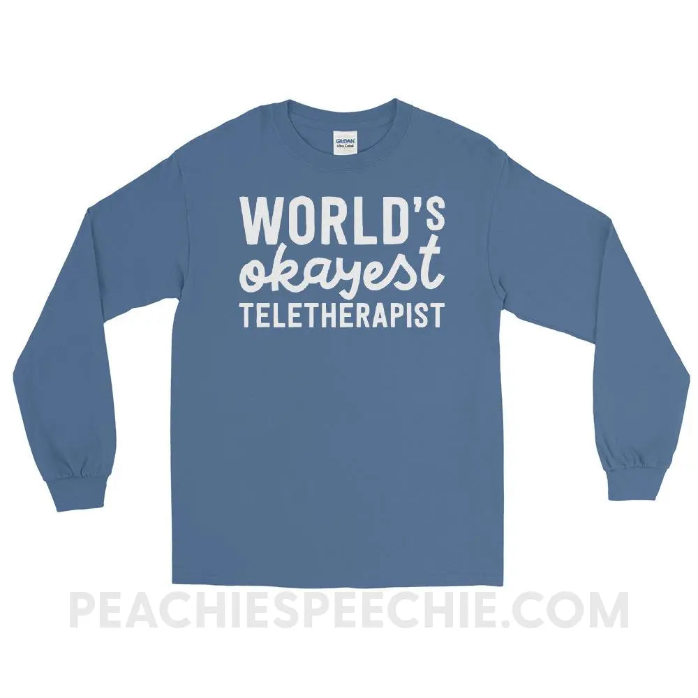 World’s Okayest Teletherapist Long Sleeve Tee - Indigo Blue / S - T-Shirts & Tops peachiespeechie.com