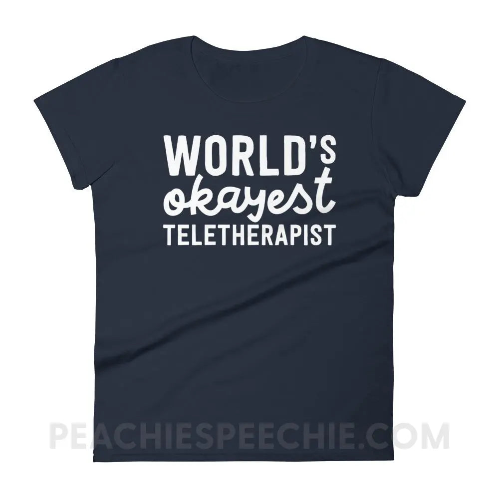 World’s Okayest Teletherapist Women’s Trendy Tee - Navy / S T-Shirts & Tops peachiespeechie.com