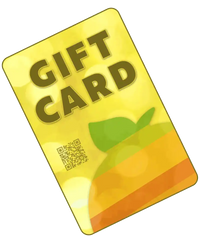 Yellow gift card with orange and green gradient design elements.