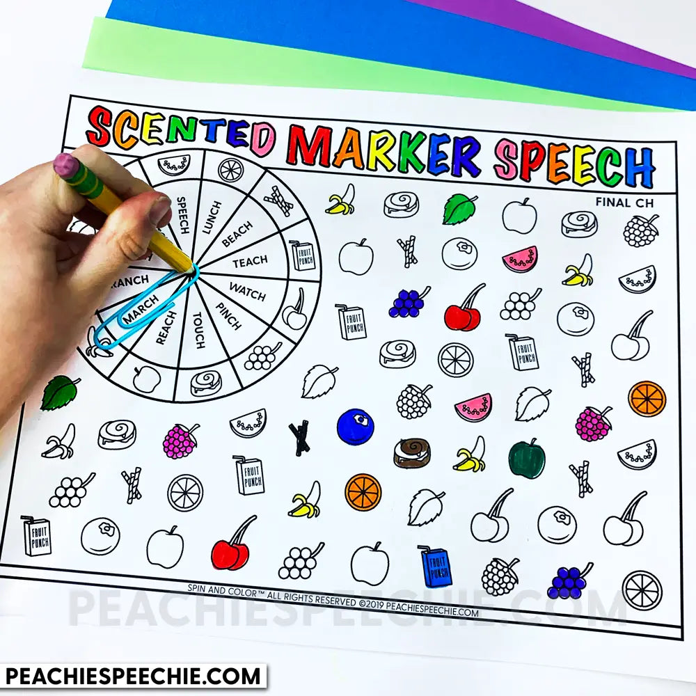 Scented Marker Speech Therapy Articulation Game - Materials peachiespeechie.com