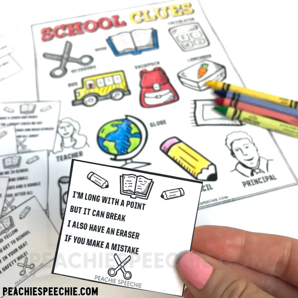 School Clues: Early Inferencing Activity - Materials peachiespeechie.com