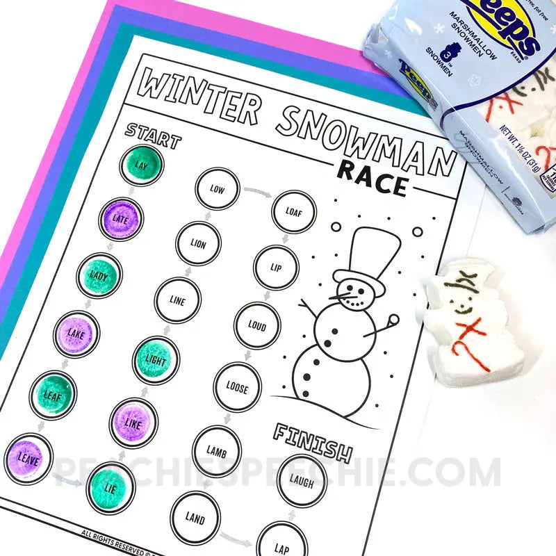 Winter Snowman Race Articulation Speech Therapy Activity - Materials peachiespeechie.com